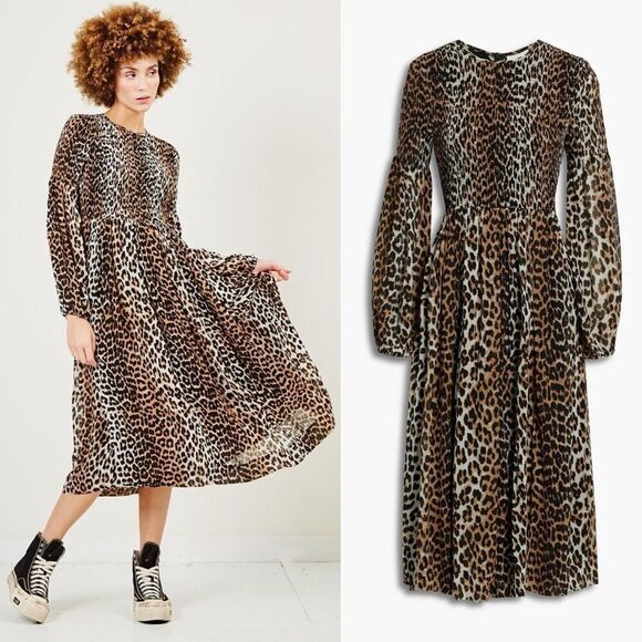 Ganni Leopard Animal Print Brown Georgette Smocked Long Sleeve Midi Dress Size 4 - Picture 1 of 11